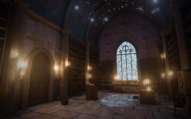 A candlelit stone library with tall bookcases, an arched oak door and a stained-glass window lit by the moon: the first room of a dark academia escape room game