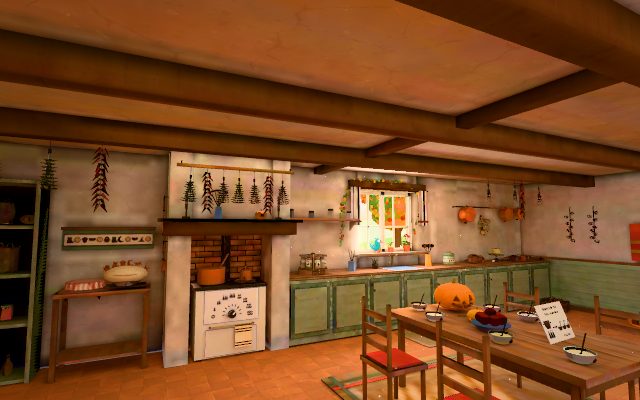 A warm cottage kitchen with a cream stove in a brick alcove, hanging chillies, green cupboards and a table laid with a pumpkin: the first room of a cozy escape room game