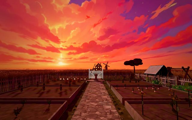 A fenced vegetable garden under a huge red and pink sunset, a stone path leading to a white gate, a farmhouse and a windmill beyond: the first room of a dreamy escape room game