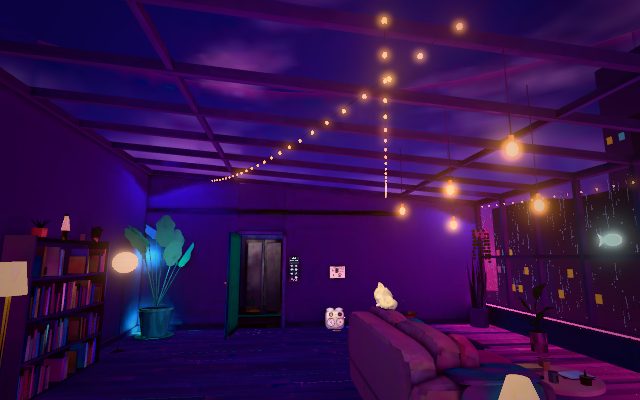 A glass sunroom flat at night in violet and pink neon light, string lights under the glass roof, a front door with a keypad and a sofa: the first room of a neon escape room game