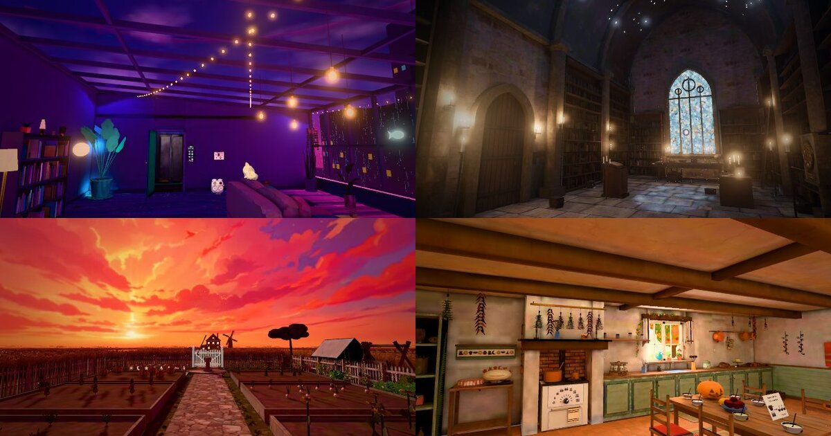The first rooms of four online escape room games: a neon apartment, a candlelit library, a sunset garden and a cosy cottage kitchen